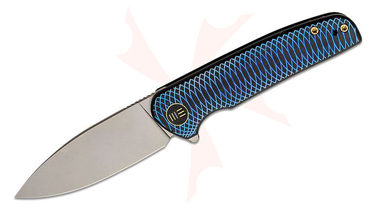 We Knife Company Limited Edition Shakan Flipper Knife 2.97 inch CPM-20CV Stonewashed Blade, Blue/Black Machined Titanium Handles