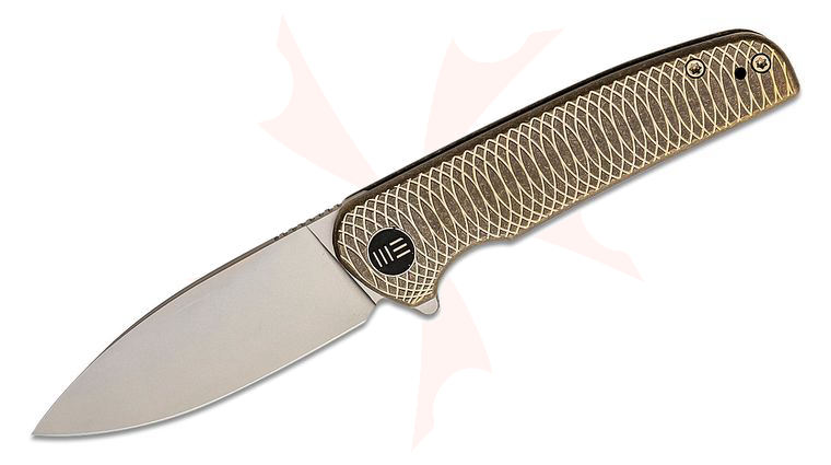 We Knife Company Limited Edition Shakan Flipper Knife 2.97 inch CPM-20CV Stonewashed Blade, Bronze/Gold Machined Titanium Handles