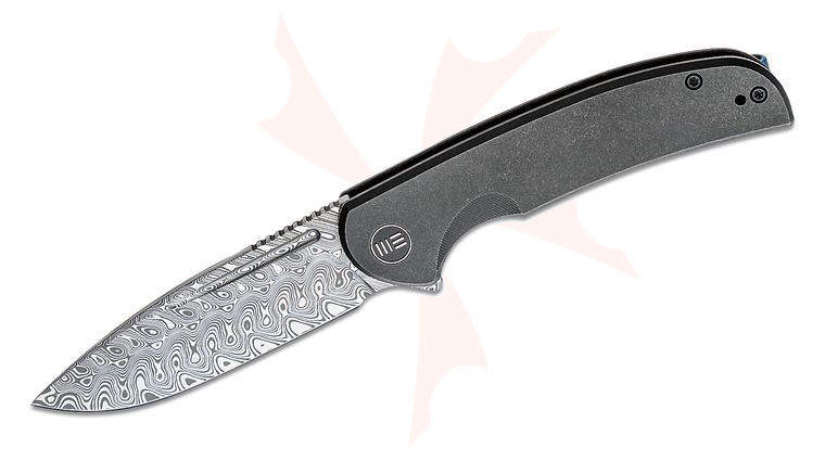 We Knife Company Beacon Flipper Knife 3.48 inch Hakkapella Damasteel Drop Point Blade, Black Stonewashed Titanium Handles