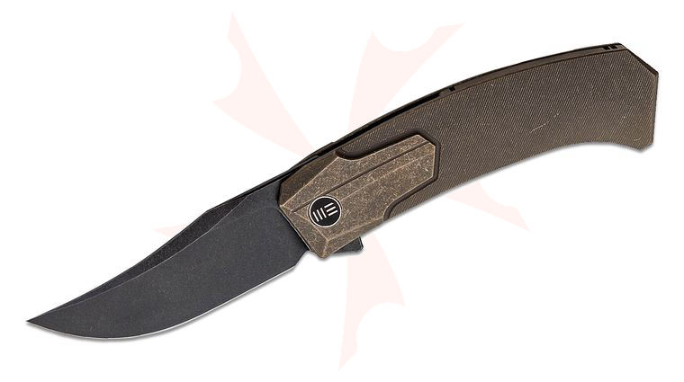 We Knife Company Rafal Brzeski Shuddan Flipper Knife 3.48 inch CPM-20CV Black Stonewashed Trailing Point Bowie Blade, Bronze Titanium Handles