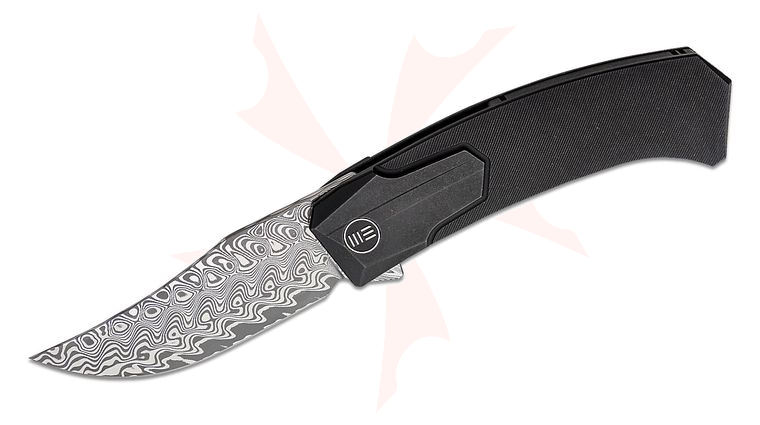 We Knife Company Rafal Brzeski Shuddan Flipper Knife 3.48 inch Hakkapella Damasteel Trailing Point Bowie Blade, Black Titanium Handles