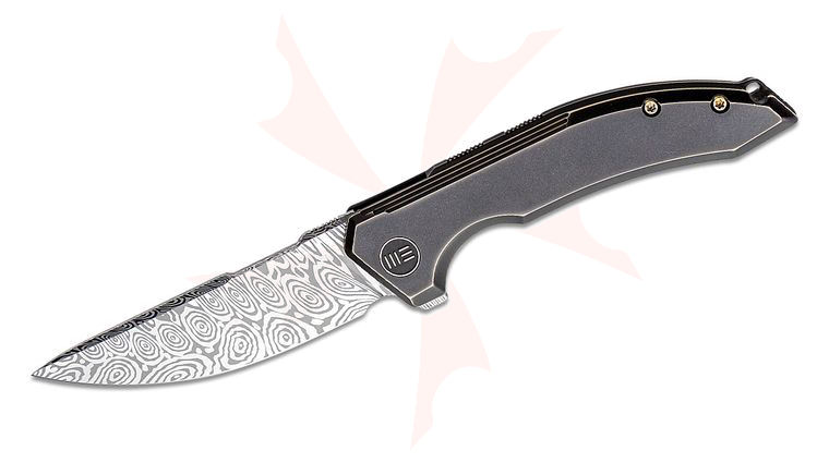 We Knife Company Quixotic Flipper Knife 3.45 inch Heimskringla Damasteel Drop Point Blade, Bronze/Black Milled Titanium Handles