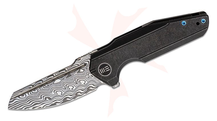 We Knife Company StarHawk Flipper Knife 2.81 inch Hakkapella Damasteel Sheepsfoot Blade, Black Titanium Handles