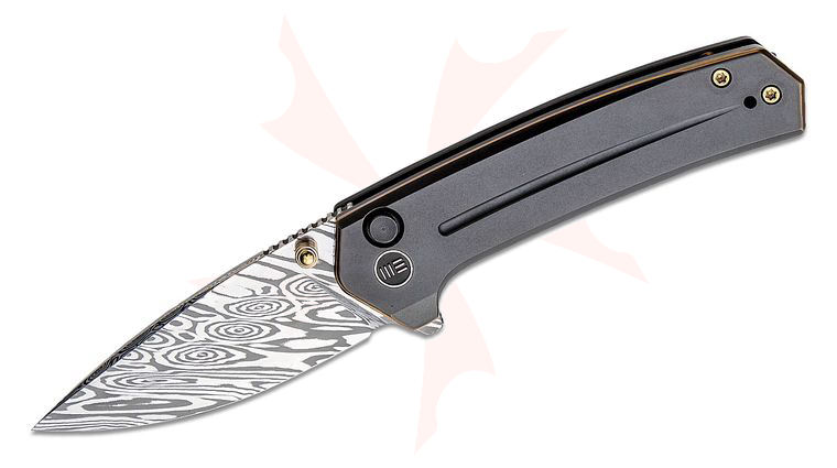 We Knife Company Culex Button Lock Flipper Knife 2.97 inch Heimskringla Damasteel Drop Point Blade, Bronze/Black Titanium Handles