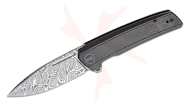 We Knife Company Speedster Flipper Knife 3.47 inch Heimskringla Damasteel Spear Point Blade, Black Titanium Handles