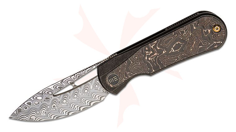 We Knife Company Ostap Hel Baloo Front Flipper Knife 3.31 inch Hakkapella Damasteel Drop Point Blade, Titanium Handles with Copper Foil Carbon Fiber Overlays