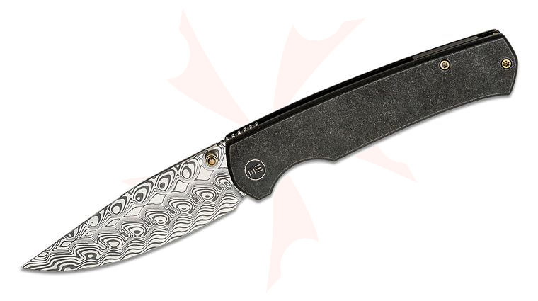 We Knife Company Ray Laconico Evoke Front Flipper Knife 3.48 inch Hakkapella Damasteel Clip Point Blade, Black Titanium Handles