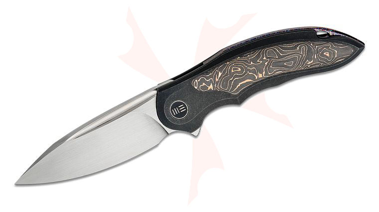 We Knife Company Limited Edition Anton Tkachenko Makani Flipper Knife 3.61 inch CPM-20CV Hand Rubbed Satin Drop Point Blade, Black Titanium Handles with Copper Foil Carbon Fiber Inlay