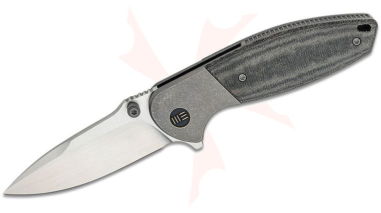 We Knife Company Peter Carey Nitro Mini Frame Lock Flipper Knife 3.13 inch CPM-20CV Hand Rubbed Drop Point Blade, Bolstered Titanium Handles with Black Linen Micarta Scales
