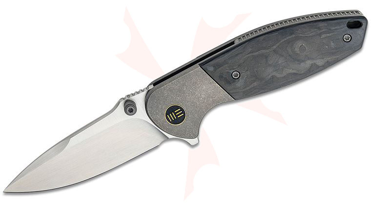 We Knife Company Peter Carey Nitro Mini Frame Lock Flipper Knife 3.13 inch CPM-20CV Hand Rubbed Drop Point Blade, Bolstered Titanium Handles with Marble Carbon Fiber Scales