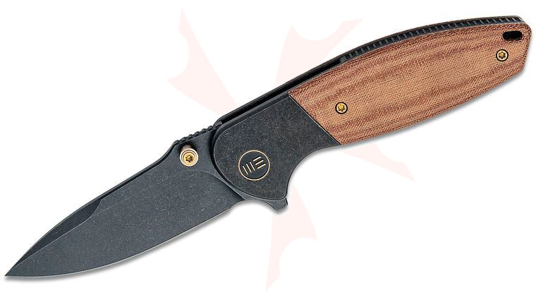 We Knife Company Peter Carey Nitro Mini Frame Lock Flipper Knife 3.13 inch CPM-20CV Black Stonewashed Drop Point Blade, Bolstered Titanium Handles with Brown Linen Micarta Scales