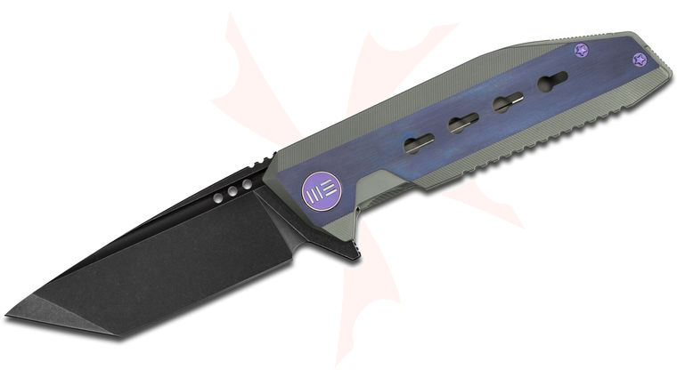 We Knife Company 602B Flipper Knife 3.62 inch S35VN Tanto Blade, Green and Blue Titanium Handles