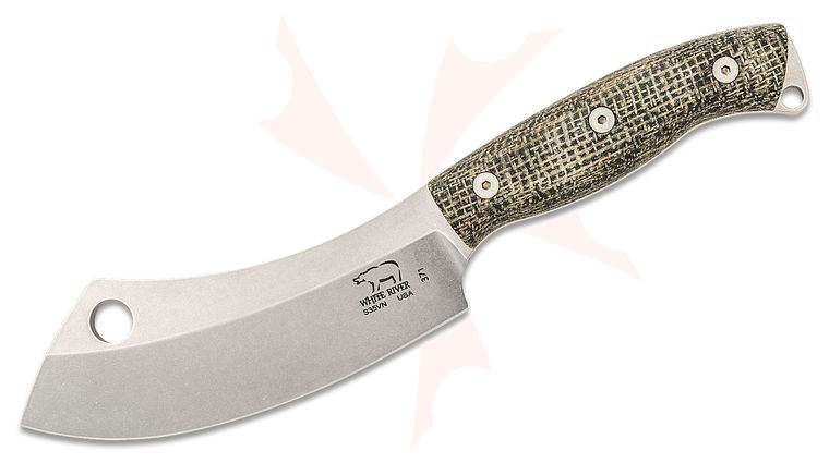White River Knives Camp Cleaver Fixed Blade Knife 5.5 inch S35VN Stonewashed, Black Burlap Micarta Handles, Leather Sheath