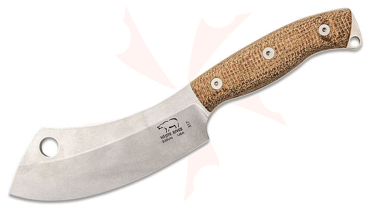 White River Knives Camp Cleaver Fixed Blade Knife 5.5 inch S35VN Stonewashed, Natural Burlap Micarta Handles, Leather Sheath
