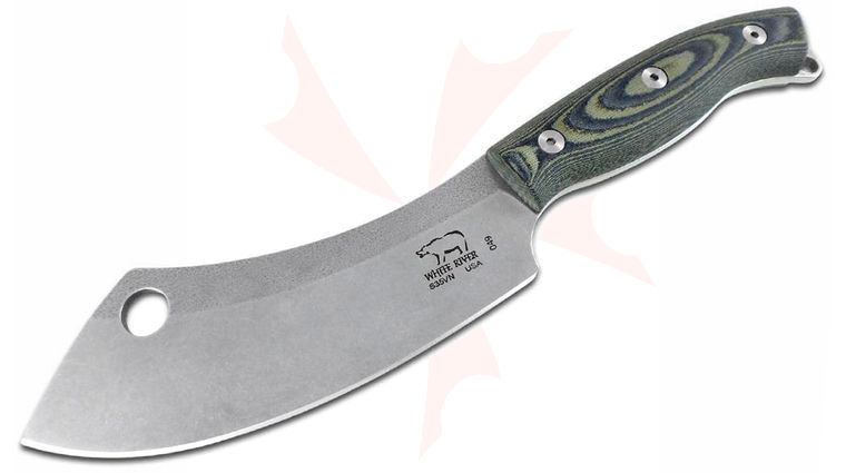 White River Knives Camp Cleaver Fixed Blade Knife 5.5 inch S35VN Stonewashed, Black/OD Green Linen Micarta Handles, Leather Sheath