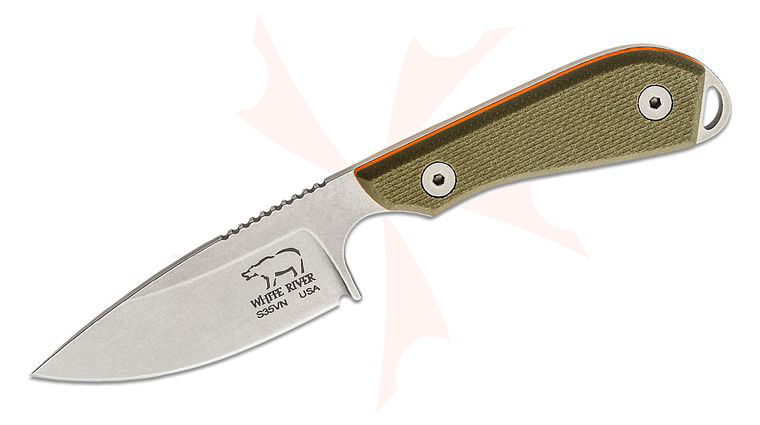 White River Knives M1 Pro Backpacker Fixed Blade Knife 3.25 inch S35VN Stonewashed, Textured Green and Orange G10 Handles, Kydex Sheath
