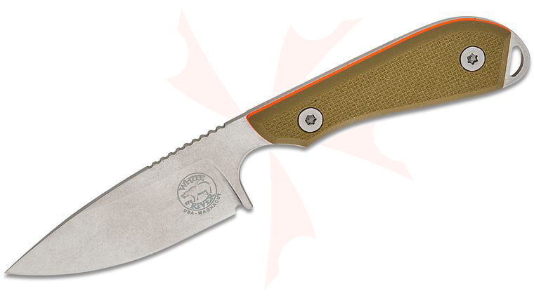 White River Knives M1 Pro Backpacker Fixed Blade Knife 3 inch CPM-MagnaCut Stonewashed Drop Point Blade, Textured Green and Orange G10 Handles, Kydex Sheath