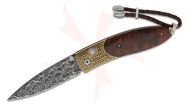 William Henry Monarch 'Gold & Iron II' Compact Folding Knife 2.625 inch Nichols Intrepid Damascus Blade, 24K Gold Koftgari Handles with Desert Ironwood Inlays