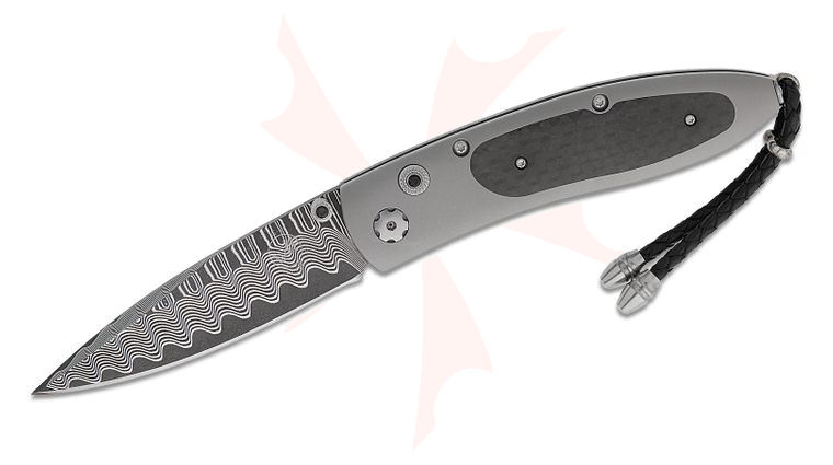 William Henry Monarch 'Stealthy' Compact Folding Knife 2.625 inch Wave Damascus Blade with VG-10 Core, Titanium Handles with Carbon Fiber Inlays