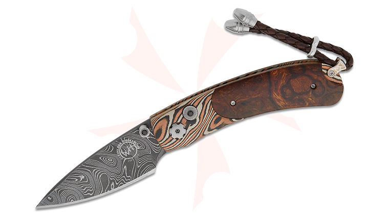 William Henry Kestrel 'Strata' Compact Folding Knife 2.125 inch Nichols Boomerang Damascus Blade, Twist Mokume Gane Handles with Desert Ironwood Inlays