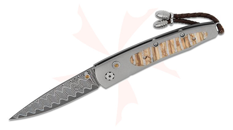 William Henry Lancet 'Reverso' Compact Folding Knife 2.75 inch Wave Damascus Blade with VG-10 Core, Titanium Handles with Fossilized Woolly Mammoth Tooth Inlays