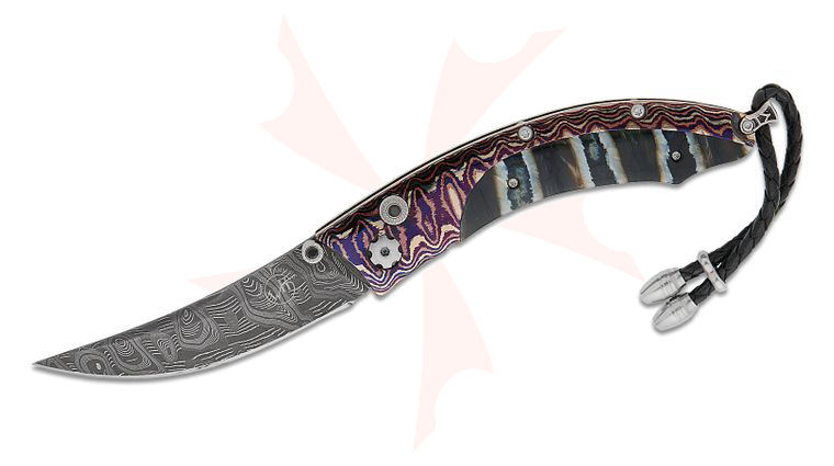 William Henry Persian 'Blueridge' Compact Folding Knife 2.5 inch Norris Hornets Nest Damascus Blade, Wave Mokume Handles with Fossilized Woolly Mammoth Tooth Inlays