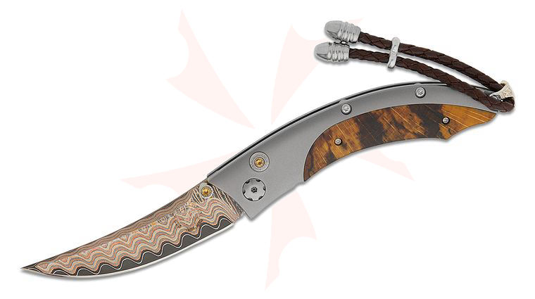 William Henry Persian 'Yellow Curve' Compact Folding Knife 2.5 inch Copper Wave Damascus with VG-5 Core Blade, Titanium Handles with Yellow Spalted Beech Wood Inlays