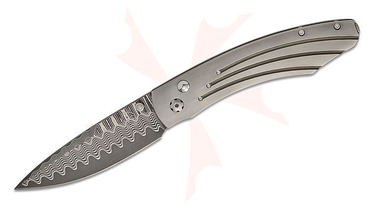 William Henry Spearpoint 'Golden Arch' Folding Knife 3.06 inch Wave Damascus Blade with VG-10 Core, Machined Titanium Handles, Reversible Pocket Clip