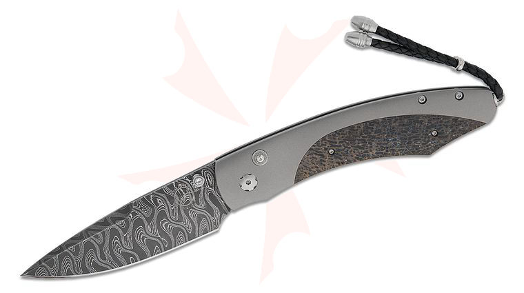 William Henry Spearpoint 'Titan Fossil' Folding Knife 3.06 inch Nichols Meadows Damascus Blade, Titanium Handles with Fossil Woolly Mammoth Bone Inlays