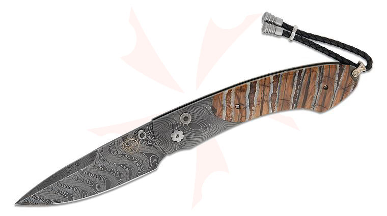 William Henry Spearpoint 'Twisted History' Folding Knife 3.06 inch Nichols Boomerang Damascus Blade, Nichols Twist Damascus Handles with Fossil Woolly Mammoth Tooth Inlays