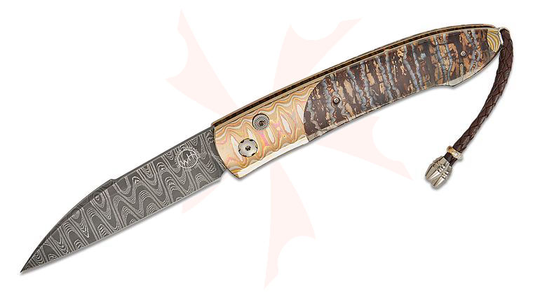 William Henry Bolt 'Mammut' AUTO Folding Knife 3.3 inch Nichols Meadows Damascus Blade, Wave Mokume Handles with Fossilized Woolly Mammoth Tooth Inlays