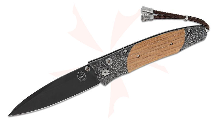 William Henry Gentac 'Dark Pappy' Folding Knife 3.25 inch Black Coated Wave Damascus Blade with VG-10 Core, Nichols Mind Melt Damascus Handles with Pappy Van Winkle Bourbon Barrel Wood Inlays
