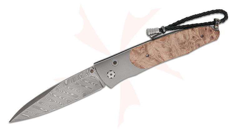 William Henry Gentac 'Woodsman' Folding Knife 3.25 inch Nichols Boomerang Damascus Blade, Machined Titanium Handles with Maple Burl Wood Inlays