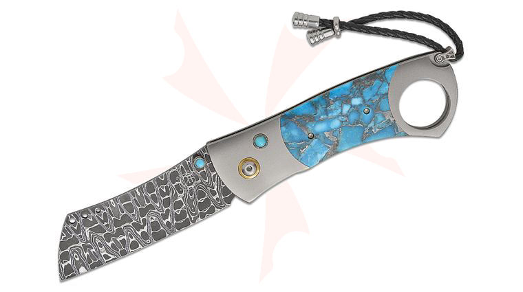 William Henry 'Kingman' Cigar Cutter Folding Knife 2.75 inch Nichols Intrepid Damascus Blade, Titanium Handles with Zinc-Matrix Kingman Turquoise Inlays