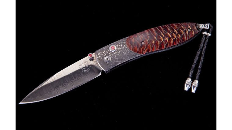 William Henry Monarch 'Red Wave' Compact Folder 2.625 inch Wave Damascus Blade with ZDP-189 Core, River Rock Damascus Handles with Pine Cone Inlays