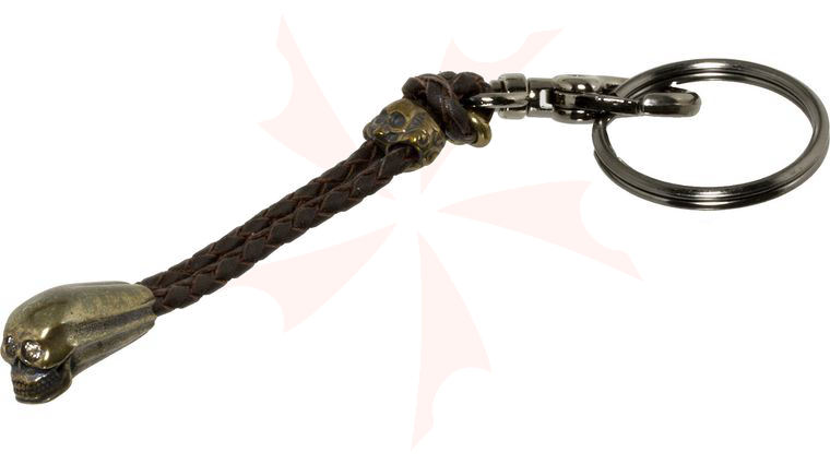 William Henry Touchstone 3 Bronze Skull Keychain with White Topaz Inlays, Brown Leather