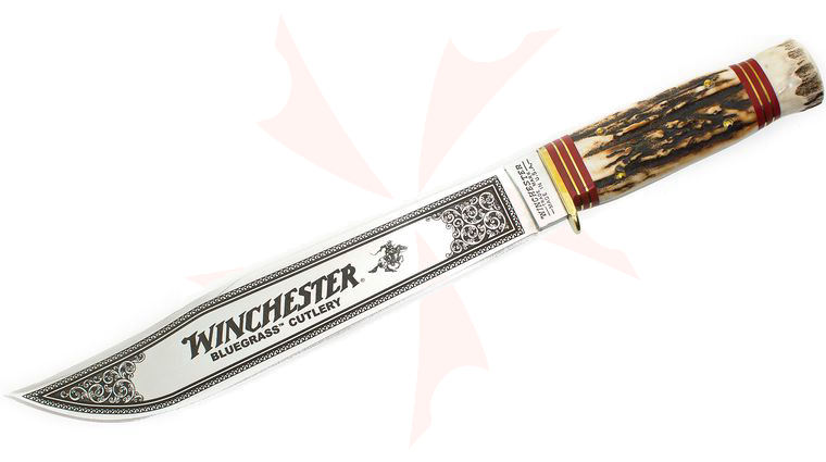 Winchester Deluxe Bowie 10 inch Etched Blade, Slab Stag Handle, Leather Sheath