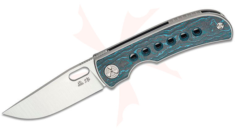 WingManEDC Tom Mayo MTNT Mach 3 Front Flipper Knife 2.875 inch M390 Drop Point Blade, Machined Titanium Handles with Blue Carbon Fiber Inlays