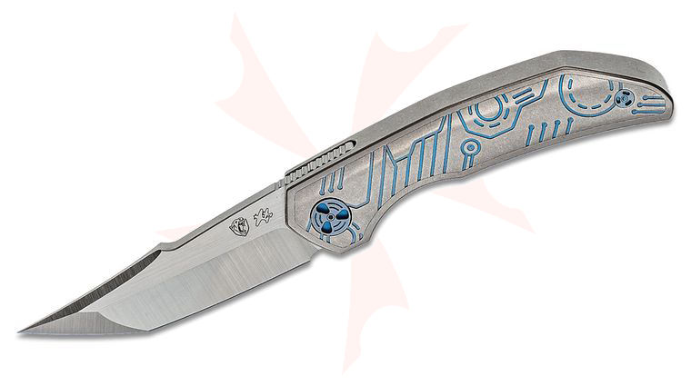 WingManEDC John Barker Ferus KickStop Flipper Knife 3 inch M390 Compound Tanto Blade, Integral Titanium Handles with 3D Blue Titanium Inlays