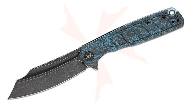 Wixco Splark Liner Lock Flipper Knife 3.55 inch 14C28N Black Stonewashed Modified Cleaver Blade, Blue Shredded Carbon Fiber Handles