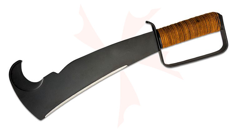 Woodman's Pal Military Premium Model 284 Machete 10.5 inch 1095 Black Blade with Sharpened Hook, Leather Wrapped Ash Wood Handle, Leather Sheath