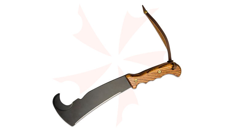 Woodman's Pal Classic Model 481 Machete 10.5 inch 1095 Black Blade with Sharpened Hook, Grooved Ash Wood Handle, Leather Sheath