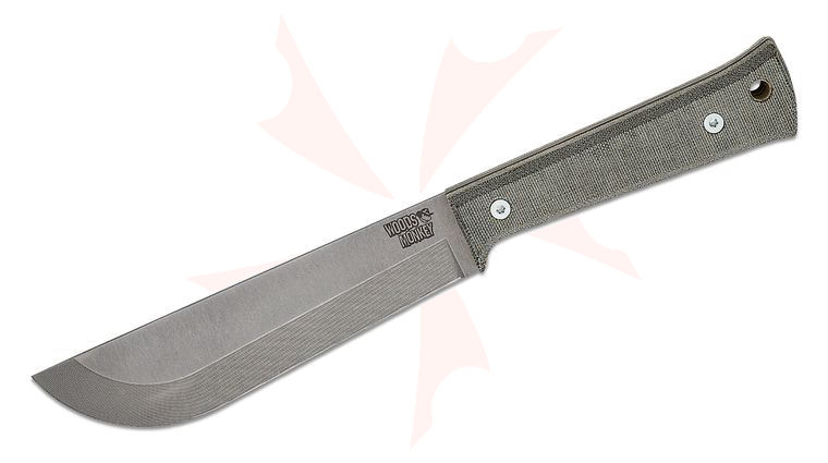 Woodsmonkey by L.T. Wright Half/Chete Fixed Blade Knife 7” 1095 Stonewashed Blade, Black Micarta Handles, JRE Reinforced Firehose Sheath with Dangler