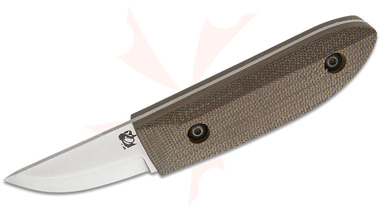 Woodsmonkey Kerf Carver Scandi Fixed Blade Knife 2.125” AEB-L Satin Straight Back Blade, Green Canvas Micarta Handles, Leather Sheath, by L.T. Wright