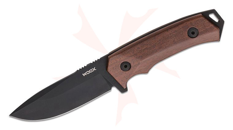WOOX Rock 62 Fixed Blade Knife 4.5 inch Sleipner Black Drop Point Blade, Smooth Walnut Wood Handles, Leather Sheath