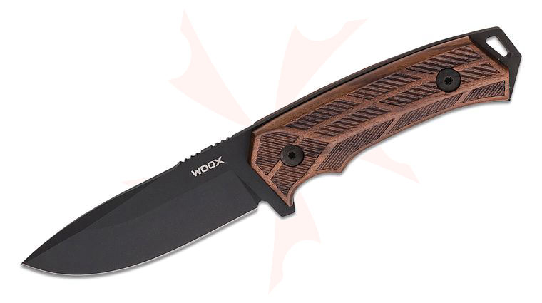 WOOX Rock 62 Fixed Blade Knife 4.5 inch Sleipner Black Drop Point Blade, Checkered Walnut Wood Handles, Leather Sheath