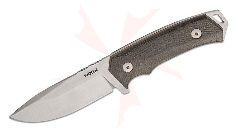 WOOX Rock 62 Fixed Blade Knife 4.5 inch Sleipner Stonewashed Drop Point Blade, Black Micarta Handles, Leather Sheath