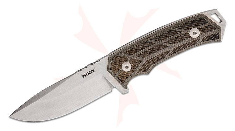 WOOX Rock 62 Fixed Blade Knife 4.5 inch Sleipner Stonewashed Drop Point Blade, Black Checkered Micarta Handles, Leather Sheath
