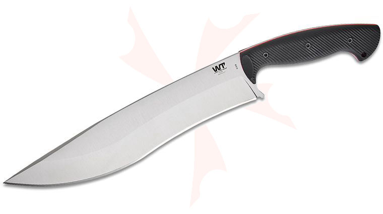 Work Tuff Gear Mad Dog Bowie Fixed Blade Knife 12.6 inch K329 Satin Recurved Bowie Blade, Black Textured G10 Handles with Red Liners, Kydex Sheath