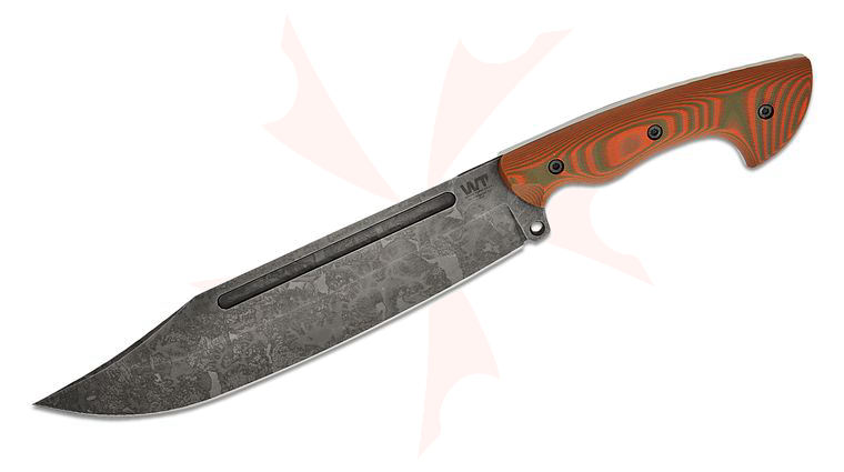 Work Tuff Gear PWB-9 NC Puzon Wilderness Bowie 9.3 inch SK85 Apocalyptic Stonewashed Fixed Blade, Orange & OD Green G10 Handles, Kydex Sheath